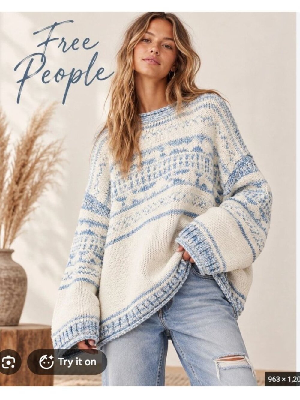 Free People Dani Pattern Sweater in Cloud NWOT - Size M
